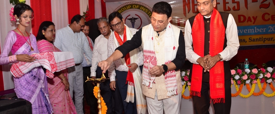 VC sir is lighting the lamp for the inauguration of NEMFest – 2022 along other dignitaries, Dr Hitesh Baruah (MD, NEMCARE Group) and Mr Pransanta Jyoti Baruah (Executive Editor, The Assam Tribune)